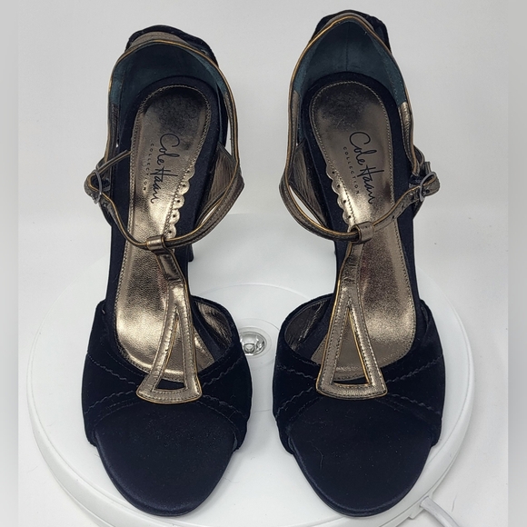 Cole Haan Black Velvet & Brassy Gold Open Toe Stilletto T-Strap Heels - Picture 12 of 16